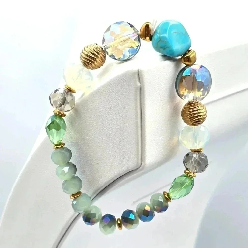 Blue Multi‎ Color Bead Elastic Bracelet B1